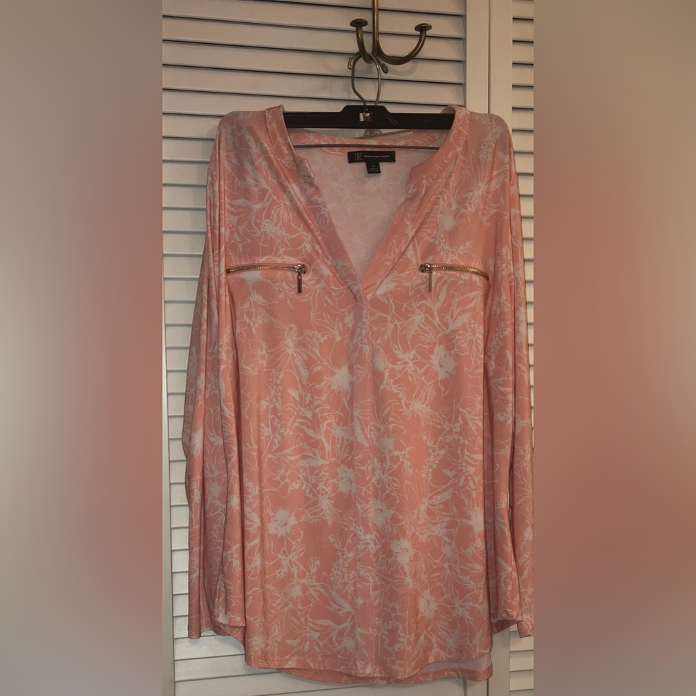 INC International Concepts Pink  V-Neck Long Sleeve Zipper Accent Blouse 1X